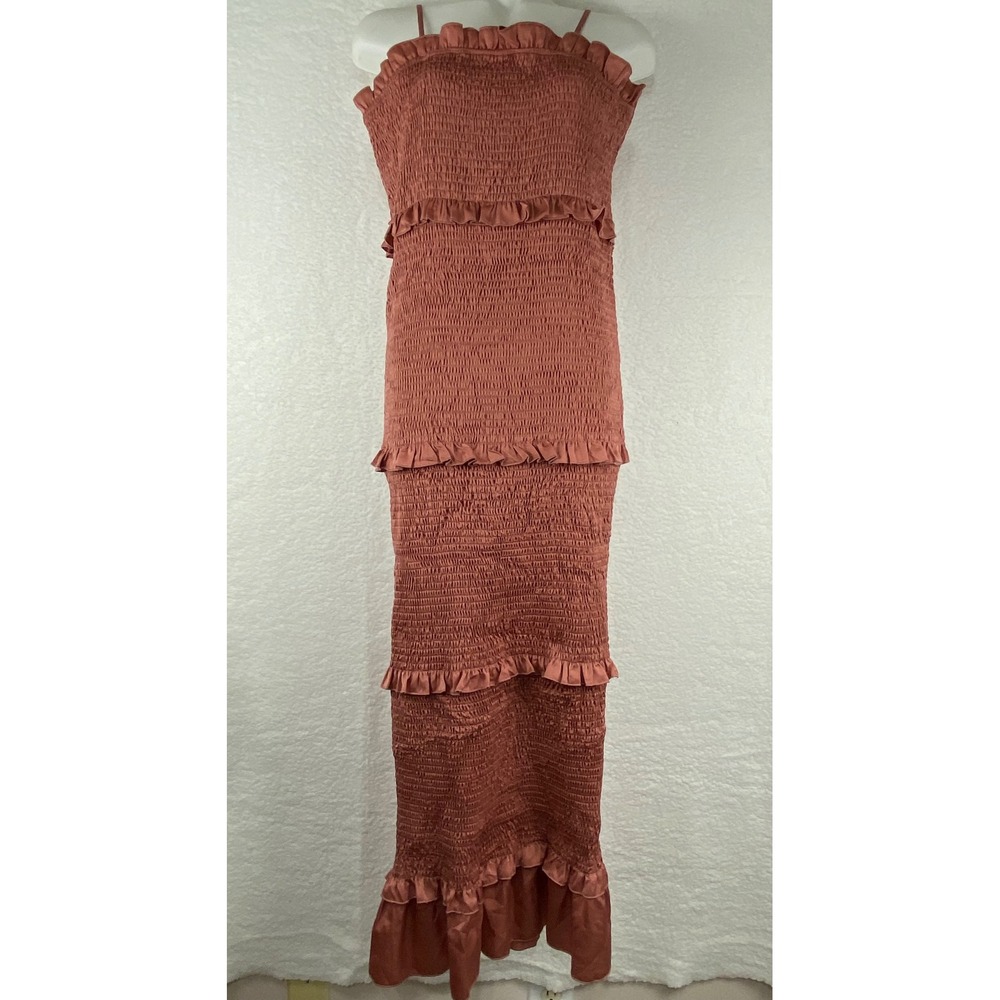Mable Womens Size L Smocked Tiered Maxi Dress Rose‎ Pink Ruffle MD2291I